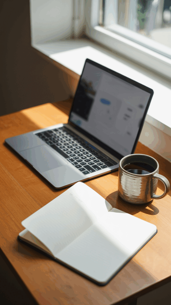 a computer, cup of coffee and notebook to begin your day.