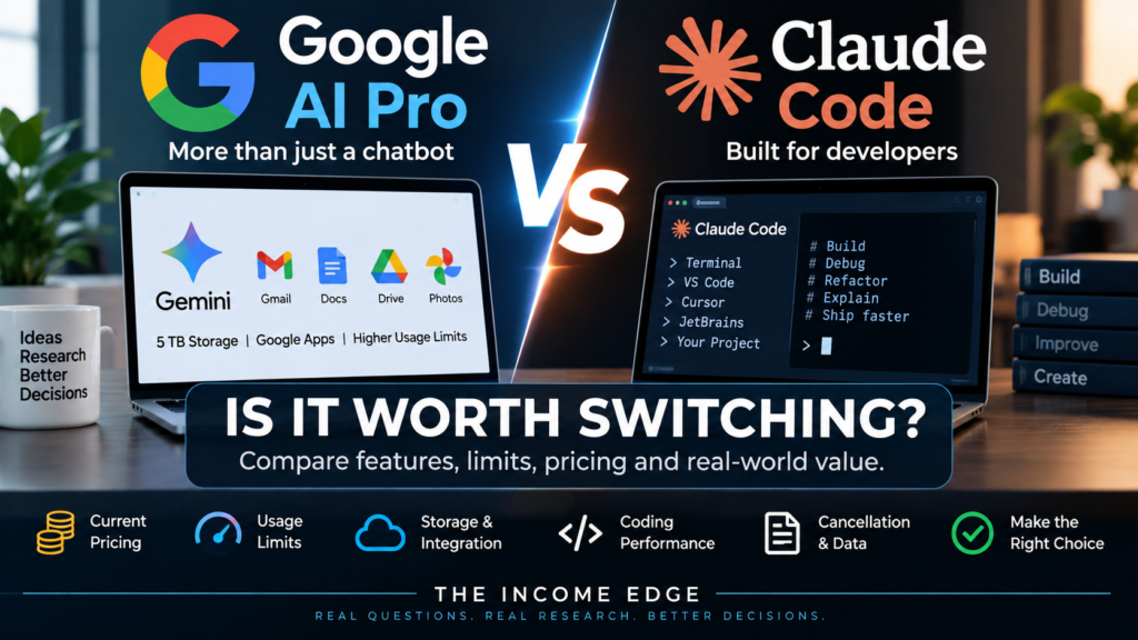 Google AI Pro vs Claude Code comparison showing features, usage limits, storage, coding performance, and subscription value