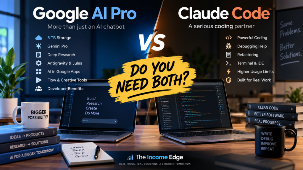 Google AI Pro vs Claude Code comparison showing AI tools, coding features, storage and developer benefits