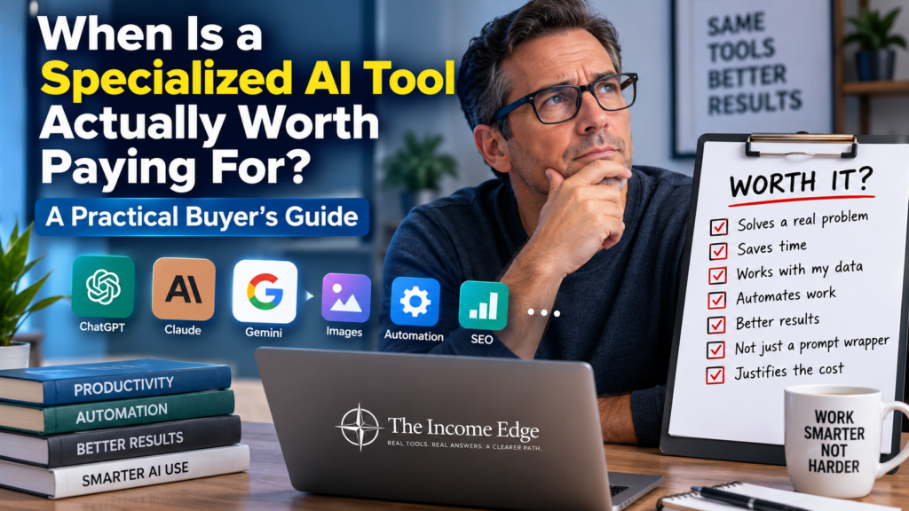 Man evaluating whether specialized AI tools are worth paying for, with a buyer checklist comparing time savings, automation, data access, and results.