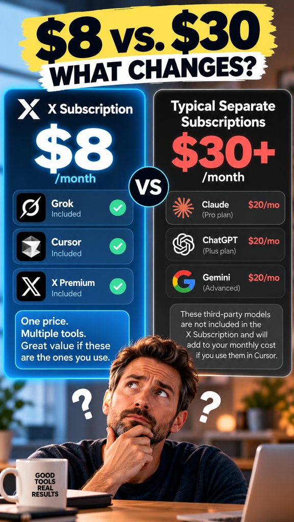 X Subscription $8 monthly plan compared with separate Claude, ChatGPT, and Gemini subscriptions, highlighting AI bundle costs and features.