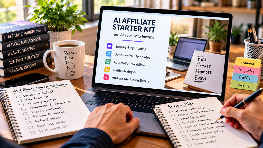 AI affiliate marketing starter training with planning worksheets, templates, and a buyer evaluation checklist.
