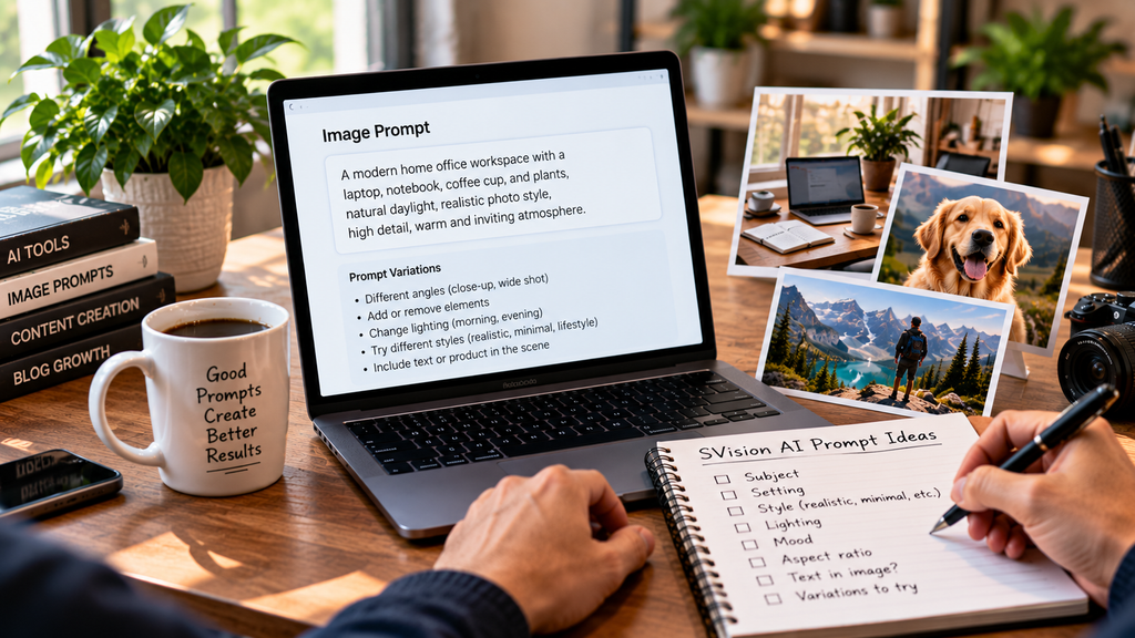 AI image prompt writing workspace with descriptive prompts, variations, and example photographs