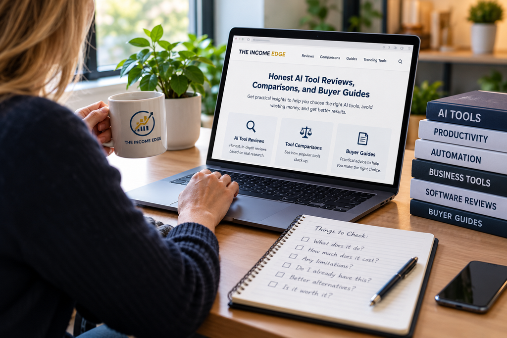 Person researching AI tool reviews and comparisons on The Income Edge website, with a laptop, buyer checklist, and software research materials.