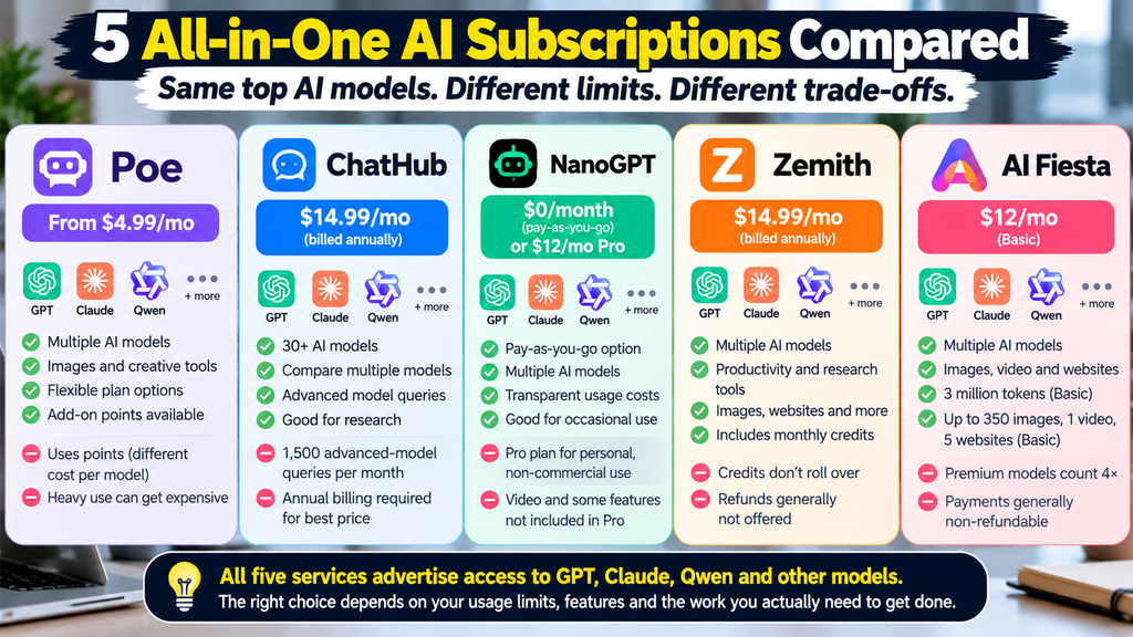 Comparison of five all-in-one AI subscription services: Poe, ChatHub, NanoGPT, Zemith, and AI Fiesta, showing advertised prices, features, and limitations.