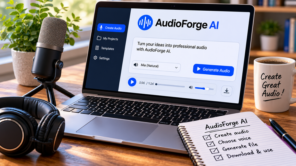 AudioForge AI audiobook and voice-generation concept with microphone, headphones, and audio-production workspace