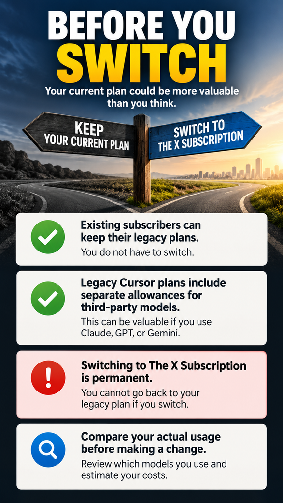 Before switching to The X Subscription, compare your current plan's benefits, third-party AI model allowances, and costs. Switching is permanent.