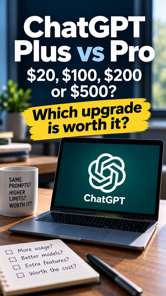 ChatGPT Plus vs Pro comparison showing monthly subscription prices of $20, $100, $200 and $500.
