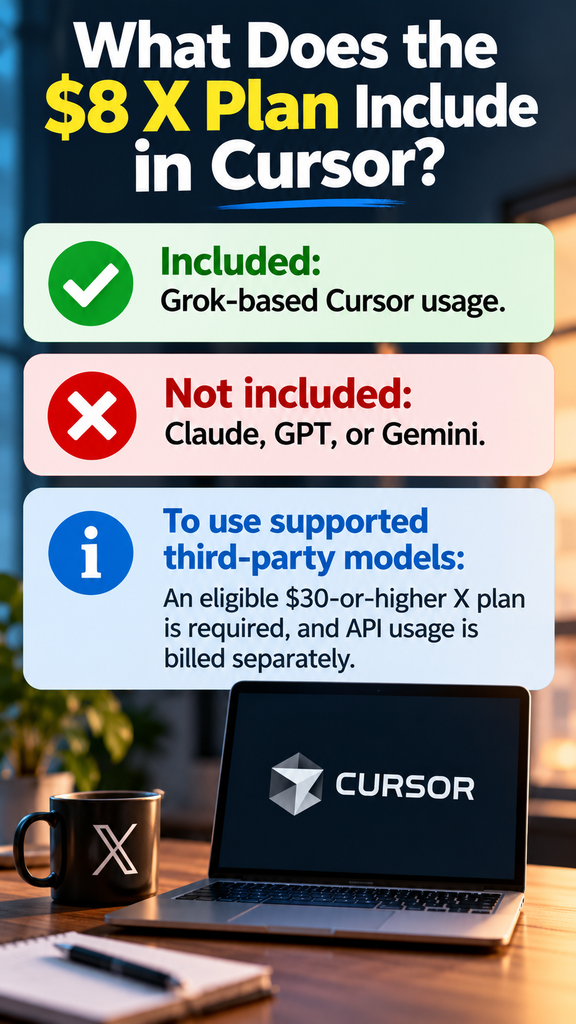 The $8 X subscription includes Grok-based Cursor usage but not Claude, GPT, or Gemini. Supported third-party models require an eligible $30-or-higher X plan, with separate API billing.