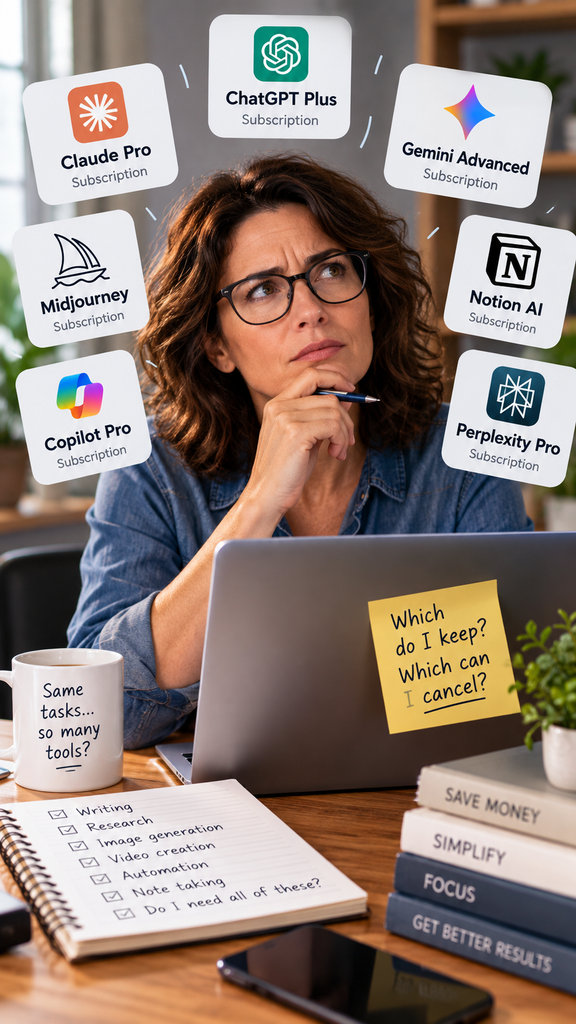 Person comparing overlapping AI software subscriptions and deciding which tools to keep or cancel.