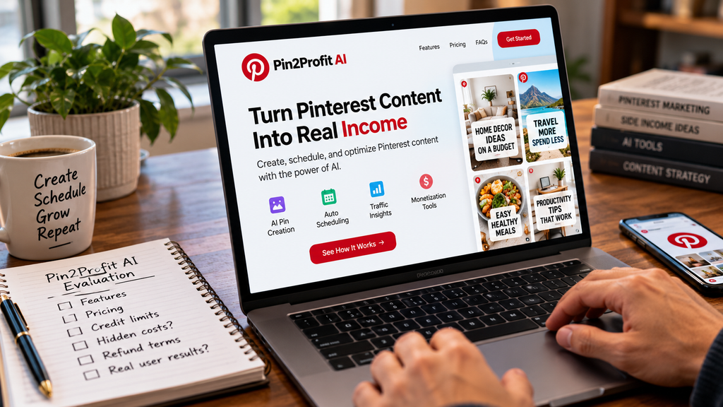 Pin2Profit AI evaluation showing Pinterest content creation and a buyer's checklist for pricing, credits, and hidden costs