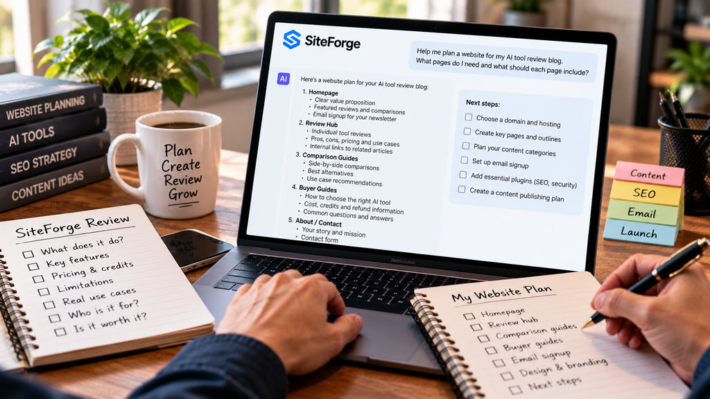 AI-assisted website planning with page outlines, content checklist, and website strategy notes.