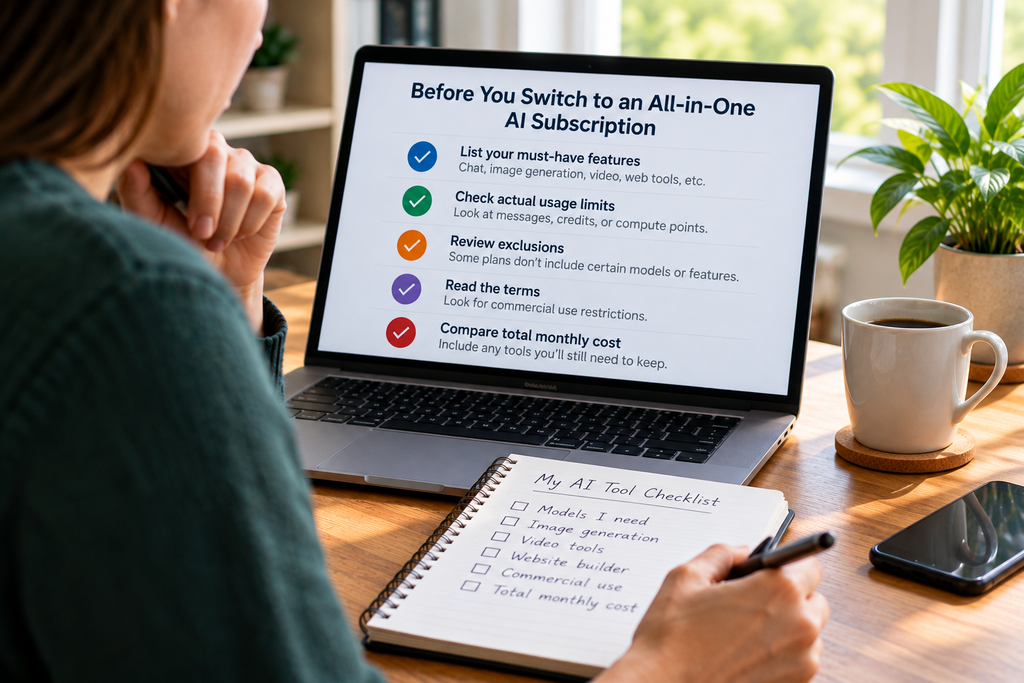 Person reviewing an AI subscription checklist covering features, usage limits, exclusions, terms, and monthly costs.