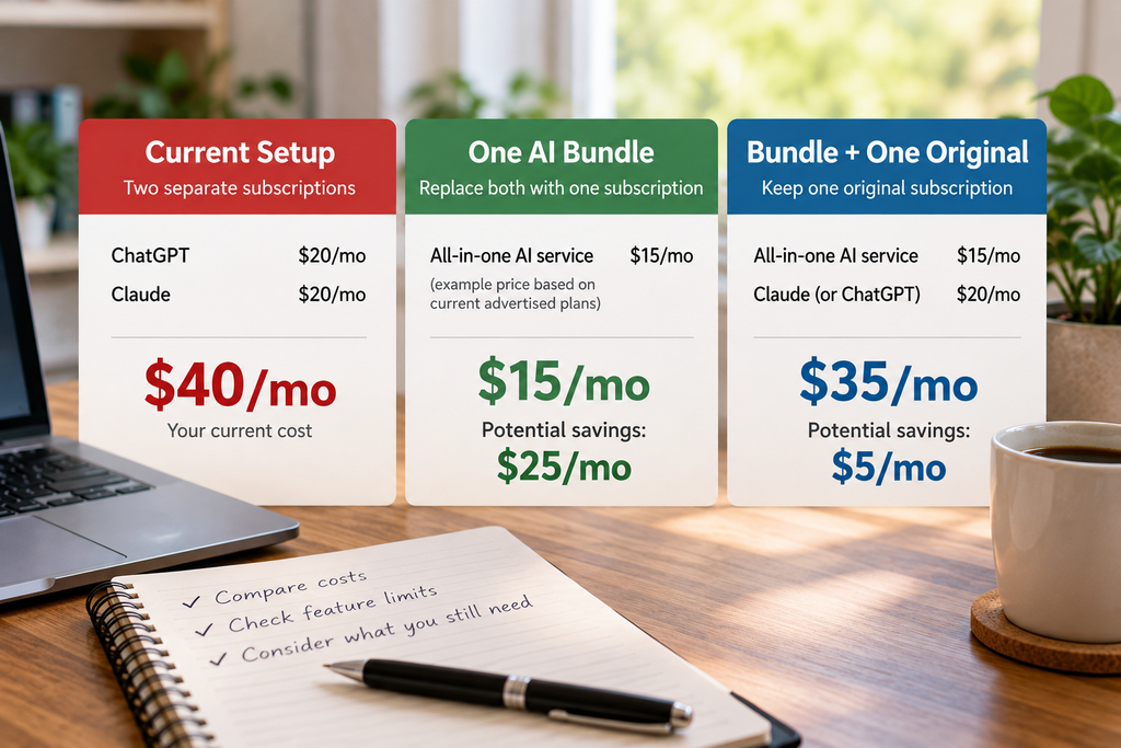 Comparison of three AI subscription scenarios costing $40, $15, and $35 per month, showing potential savings.