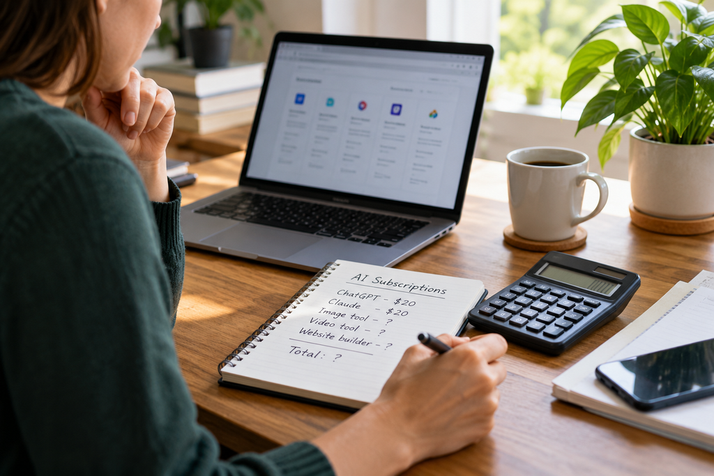 Person reviewing AI subscription expenses with a laptop, notebook, and calculator.