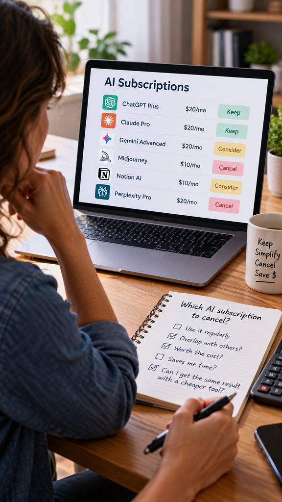 Person reviewing AI software costs and deciding which AI subscription to cancel.