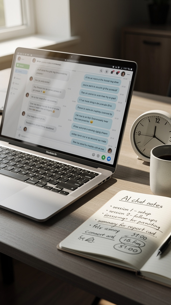 Long AI conversation displayed on a laptop beside a clock, illustrating Claude usage limits.